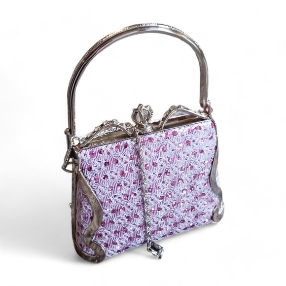 Pink Sequin White Lace Princess Two Way Evening Mini Hand Bag Crossbody - Picture 2 of 14